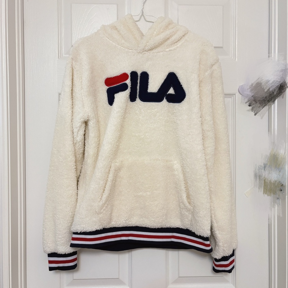 Fila Girl’s White Fuzzy Hoodie Size XL Cream and Navy Cozy Spring Fleece Sherpa